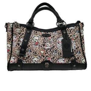 Ed Hardy Leopard Tattoo Print Satchel Handbag‎ with Skull Hardware